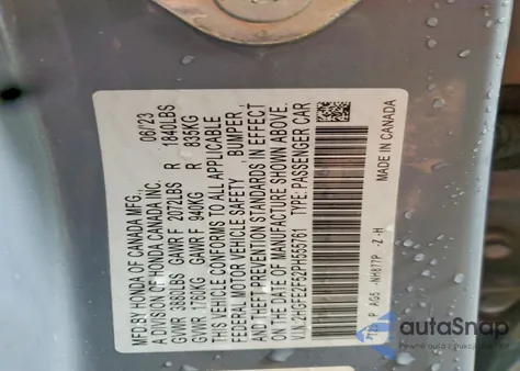 2023 Honda Civic Sport z USA, uszkodzony, nr VIN 2HGFE2F52PH555761